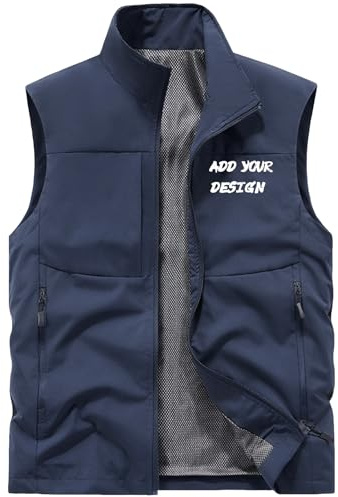 Nicevhljac Gilet da Uomo Personalizzabili Capispalla Casual ad Asciugatura Rapida Giacca Senza Maniche con Stampa Logo Gilet Sportivo Leggero con Tasche Multiple, blu navy, M