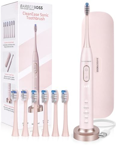BarberBoss Cepillo de dientes eléctrico Sonic para adultos, cepillo dientes recargable rosa con estación carga USB, 5 modos de limpieza, 3 intensidades, temporizador inteligente 2 minutos, QR-7303