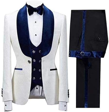 Traje de Esmoquin de 2 Piezas Ajustado con Cuello Chal para Hombre, Traje Formal Novio para Boda en Jacquard Floral, Blanco, Azul Marino, Talla Grande