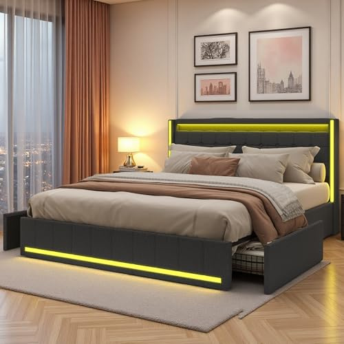 Julyue Sängklädselsäng med 4 lådor, dubbelsäng 180 x 200 cm med LED-belysning och USB-laddningsport, sängram med ribbotten och sänggavel, linnetyg grå, utan madrass