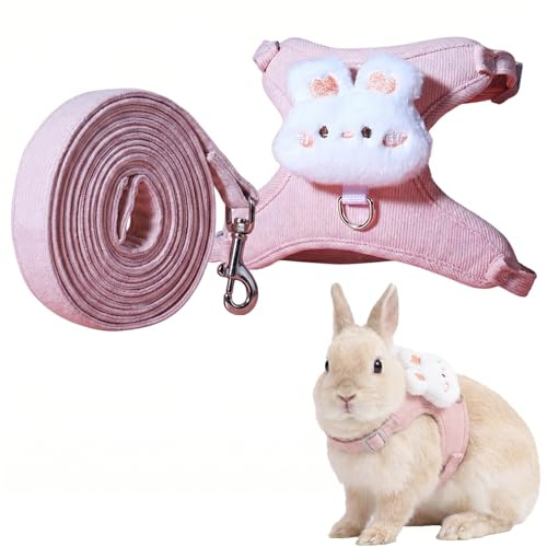 Kaninkoppel med sele för dvärgkaniner, justerbar kaninsele set med 1,2 m koppel, mjukt manchestermaterial rosa kaninkoppel för små djur, marsvin, kaniner, storlek S
