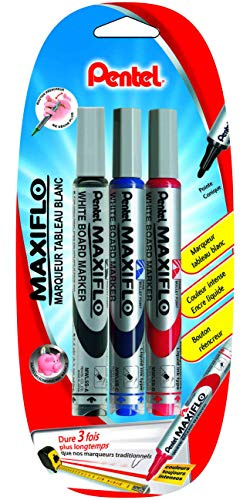 Pentel Maxiflo Lot de 3 marqueurs tableau blanc Pointe ogive moyenne Encre liquide Noir, Bleu, Rouge