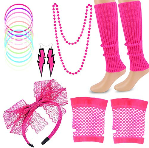 HOWAF Set Accessori Costume Anni 80 Donna, Adulti Anni '80 Donne Accessori per Feste Neon Fascia per Capelli Collana Braccialetto Orecchino Scaldamuscoli