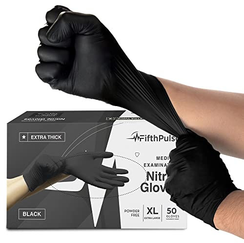 FifthPulse Disposable Black Nitrile Gloves Large 50 Count - Extra Thick 4.5 Mil - Powder and Latex Free Rubber Gloves - Surgical Medical Exam Gloves - Food Safe Cooking Gloves
