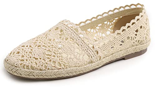 Feversole Round Toe Lace Ballet Crochet Flats,Scarpe comode e Traspiranti da Donna all'Uncinetto Iuta Beige Lavorata all'Uncinetto 39 EU