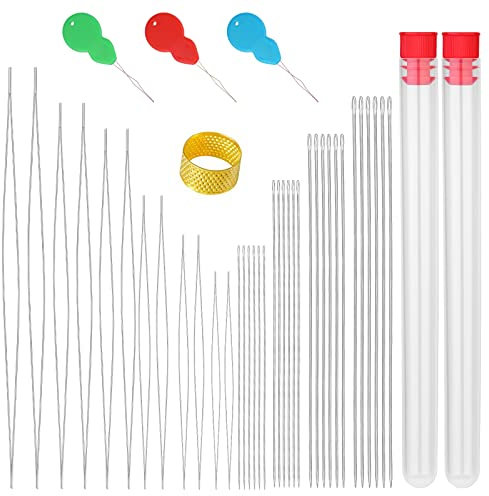 42 Stück Perlennadeln Set, 12 Stück Große Auge Nadeln zum Perlen Auffädeln, 24 Stück Langen Gerade Perlen Nadel und 2 Stück Flasche, Fingerhut für Armband Schmuck Handwerk und Schmuckherstellung