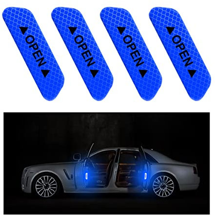 CGEAMDY 4 PCS Car Door Open Warning Reflective Stickers, Night Visibility Auto Safety Prompt Decals, Anti-Collision Protective Strip, Car Accessories Universal for Car, Truck, SUV, Van(Blue)