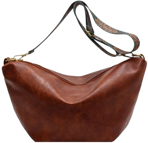 Makukke Umhängetasche Damen Gross PU-Leder Crossbody Bag mit Hobo Breiter Gurt Vintage Schultertasche Beuteltasche für Büro Arbeit Reisen Ausflug Einkauf,Braun Tasche