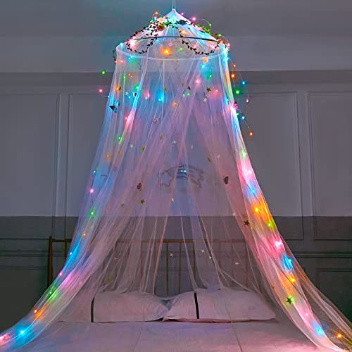 MHJY Bed Canopy for Girls Room Bed Curtains with LED Lights Mosquito Net DIY Princess Room Décor with Stars Butterflies for Kids Bedroom
