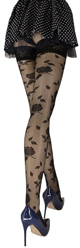 JUST BEAUTY TOUCH Rose Patterned Hold Up Stockings with Lace Top Stay Ups 20 Denier