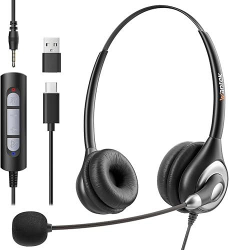 Wantek Auriculares 602N, Auriculares estereofónicos 3.5mm/Tipo-C/USB con función de reducción de Ruido del micrófono, para computadoras portátiles en centros de Llamadas