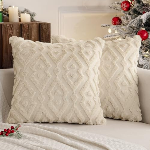 MIULEE 2er Set Weihnachten Wolle Kissenbezüge Weicher Dekokissen Plüsch Kissenbezug Boho Deko Kissen Sofa Aesthetic Geometrische Sofakissen Zierkissenbezug für Wohnzimmer Schlafzimmer Beige 50x50cm