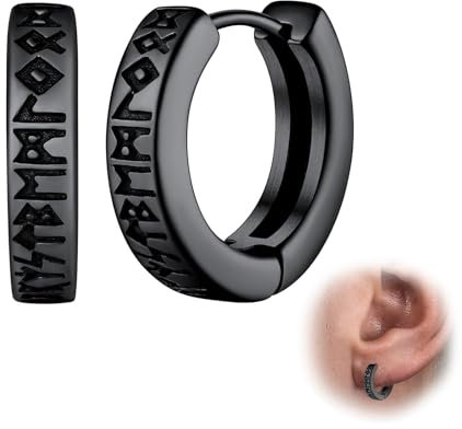 Lilbitty 1 Paar Nordischer Wikinger Hoop Ohrringe für Herren, Amulett Schutzschmuck aus Edelstahl mit Nordic Elder Runen Ohrringe Männer, Creolen, Ohrstecker, Schwarz