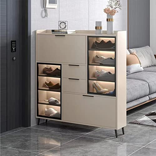 LVEGHCR Tipper Shoe Cabinet with Lighted Freestanding with 2 Extremely Narrow Flap Drawers for Shoe Cabinets In Entry Hallways