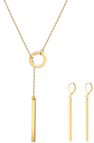 ZENGSING Y Halskette Set mit Baumeln Ohrringe - Vertikale Bar Anhänger Lariat und Hoop Ohrringe für Frauen Mädchen Geschenke