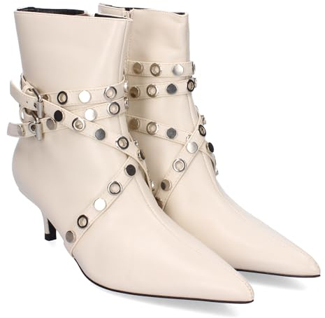 shoes&blues.es 86143 Botines de Tacon Fino para Mujer, Comodos y Elegantes, Detalle de Hebilla, Adornos Metalicos, Punta Afilada y Cierre de Cremallera. Beige Talla 40