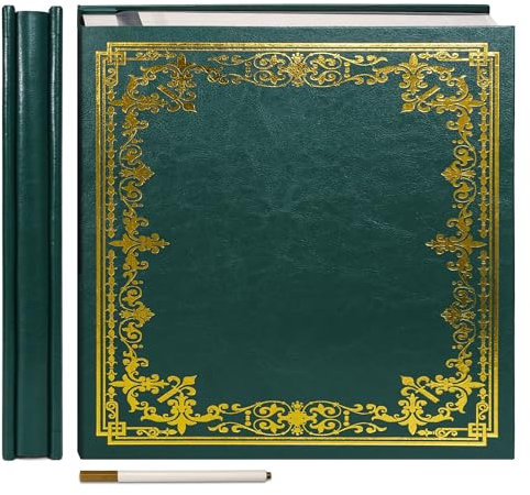 Vienrose Album Grande Autoadesivo Copertura in Pelle Album Scrapbook 32,5x33,5 cm Stampa Vintage Libro dei Ricordi DIY 60 pagine Vuote con una Penna Metallica, Verde scuro