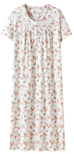 Keyocean Cotton Nightdress for Women UK Short Sleeve Long Nighties | Summer Nightshirt, Soft Jersey Nightgown, Maternity Nightwear, Button Placket
