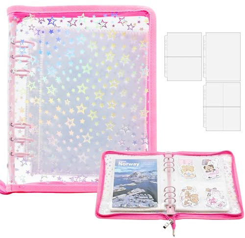 A5 Sticker Storage Binder with Zipper Closure, Reusable Sticker Organizer Album with Pockets, Perfect for Collecting, Organizing, and Displaying Stickers (Star-Pink)