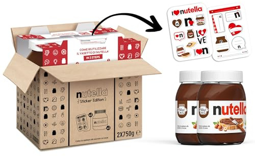 Bi-pack Nutella 750g con Sticker Nutella, Crema Spalmabile alle Nocciole e Cacao, Senza Glutine, Conservanti e Grassi Idrogenati, Formato Scorta per Famiglia, Ideale a Colazione, Idea Regalo