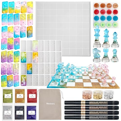 Set di Stampi per Scacchi, Resiners 3D in Silicone per Creare Scacchi, Dama e Domino, Stampi in Resina Epossidica di Silicone per Gioco da Tavolo Scacchi Fai-da-Te per la Famiglia, Regalo (Stampi per