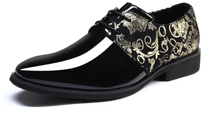YFFUSHI Scarpe Uomo Formali Punta Affusolata Jacquard Pelle Lucida Derbys Affari Lacci Brogues Traspiranti, Nero Specchio e Oro Ricamati, 44
