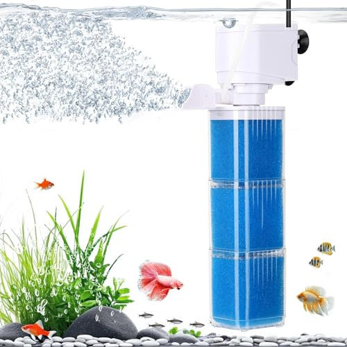 Fishnanny 4-in-1 Fish Tank Filter Pump - Multi Stage Filtration, Whisper-Quiet Internal Aquarium Filter with Adjustable Flow Rate, Oxygenation & Wavemaker, Reusable Filter-Sponges for Fresh/Salt Tank