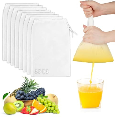 AFYRIANT Nussmilchbeutel, 8 Stück Passiertuch Wiederverwendbar, Käsetuch, 20 × 30 cm Feingewebt Passiertuch Nylon Filterbeutel Nussmilchbeutel Bio Waschbar mit Kordelzug für Nussmilch Kaffee Joghurt