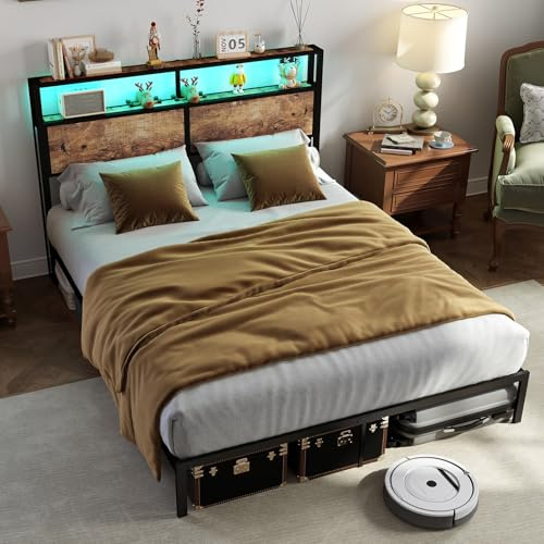 Double Bed Frame with LED Lights, 135x190cm Metal Platform Bed Frame with Headboard, Under Bed Storage, Heavy Duty and Stable, No Box Spring Needed, Noise Free, Easy Assembly (No Charging Socket)