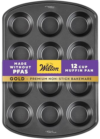 Wilton Gold Non-Stick 12 -Cup Muffin Pan, Cold-Rolled Steel Bakeware, Made without PFAS, 10.5 x 15 x 1.4 in, Packaging May Vary