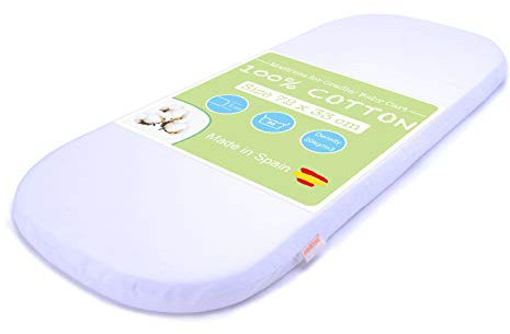 PEKITAS Matratze Oval für Kinderwagen Beistellbett Babyschale Wiege 72x33 cm Artikeldicke 5 cm Weiß Waschbarer Bezug aus 100% Baumwolle