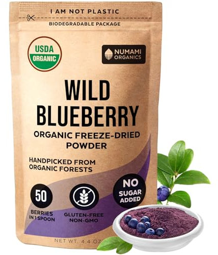 Numami Polvo de arándanos silvestres orgánicos para batidos, horneado y aromatizantes, ricos en antioxidantes y vitamina C para obtener polvo de arándanos liofilizados 125g