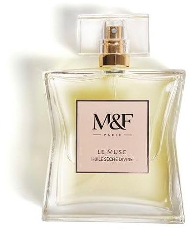 M&F Paris - Huile Sèche Parfumée au Musc Blanc, Soin Multi Usage Corps Visage Cheveux, Huile Anti Cellulite, Enrichie à l'Argan, Hydrate Nourrit les cheveux, Idée Cadeau Anniversaire Femme, 100 ml