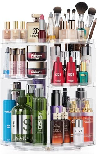 Auxmir Make Up Organizer, Schminktisch Organizer, 360° Drehung Kosmetische Aufbewahrungsbox, Kosmetik Organizer für Lippenstift Makeup Brush Eyeliner Nagelgel, Geeignet als Geschenk, Transparent