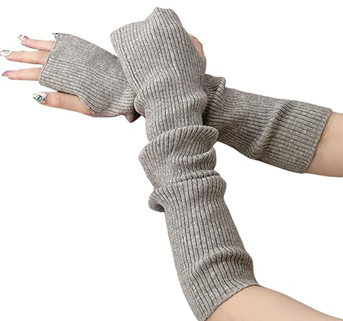 OTKARXUS Women Long Fingerless Gloves,1Pair Knit Long Sleeve Arm Warmers,Winter Warner Elbow Length Mittens with Thumb Hole for Ladies Women Girls (Light Grey)