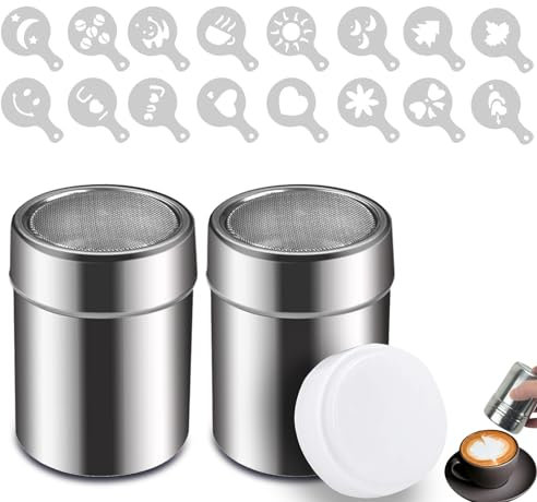 LANZLC Spargi Zucchero a Velo, 2 pezzi Spargi Cacao in Polvere, Spargizucchero in Acciaio Inox con Coperchio, Polvere Shakers Setacci per Farina Cacao Cannella