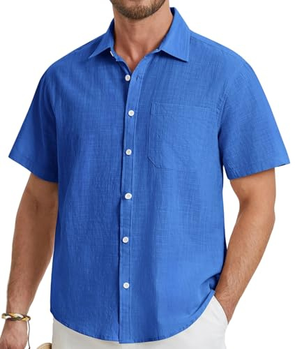 HISDERN Camisa de Lino Hombre Manga Corta Azul Color Sólido Camisas Casual Elegante Camisa de Verano con Bolsillo para Formal Playa Regular Fit 3XL
