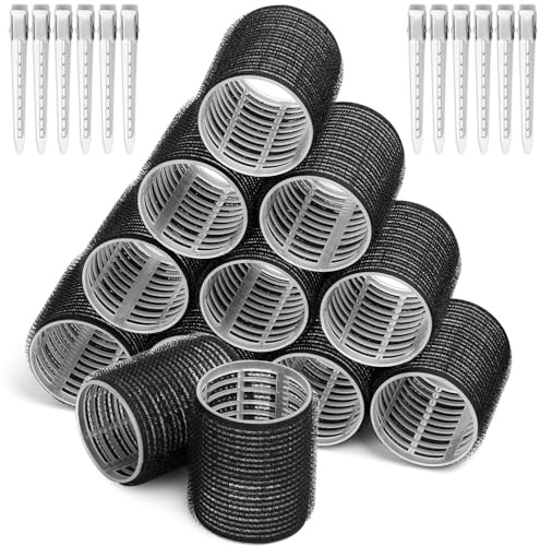 Big Self-Grip Hair Curlers Rollers with Stainless Steel Duckbill Clips for Long, Medium, Thick Hair and Bangs Volume (Black)