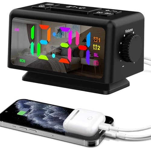 ThreeH Digital Alarm Clock FM Radio Colorful Alarm Clock Bedside Digital Clock for Kid Teens Brightness & Volume Adjustable 2 USB Charging Ports Black
