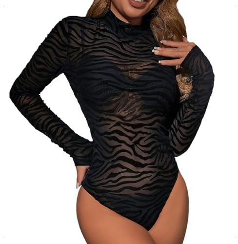 EMOTTOS Sexig spetsbody för kvinnor, långärmad, transparent mesh, rosetttryck, rund hals för kvinnor, sexig klubbbodysuit, ZEBRA, M