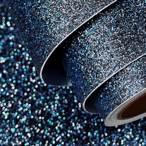 FunStick Black Blue Glitter Self Adhesive Wallpaper Kids Room Boys Bedroom Peel and Stick Glitters Wallpaper for Living Room Navy Blue Vinyl Wrap for Furniture Cupboards Fireplace Wall Glitter 40CM×2M