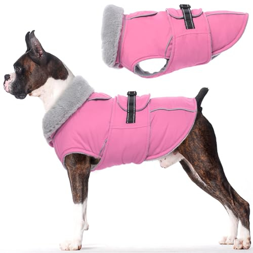 Lelepet Warm Coats and Jackets for Dogs, Waterproof Winter Dog Coat for Cold Weather, Reflective Dog Puffer Jacket, Fleece Lining Pet Coat with Harness Hole for Large Dogs, Pink L
