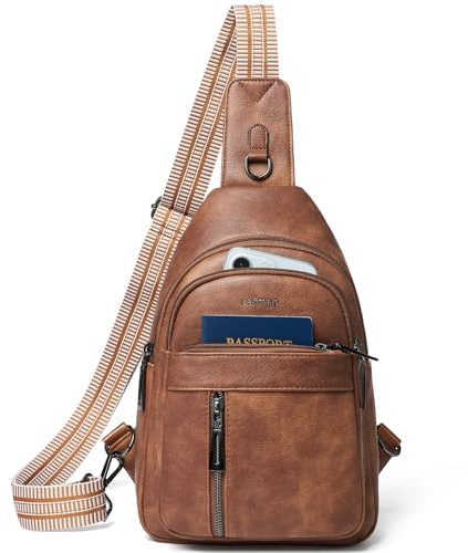 LATMAP 7L Sling Bag For Women Men Backpack Fanny Pack Crossbody Chest Travel Shoulder Belt Bags Purse Handbag PU Leather Brown