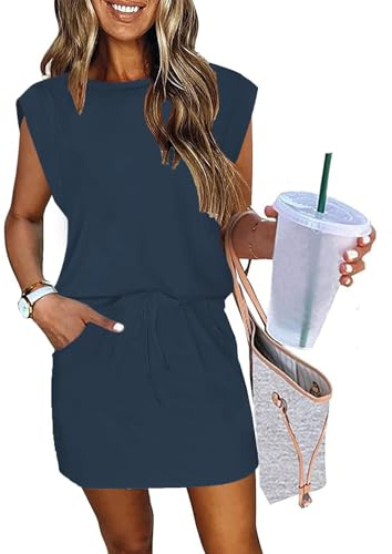 ETCYY NEW Womens Cap Sleeve Summer Dress Crew Neck Tie Front A-Line Dresses Double Layer Hem Mini Dress Navyblue