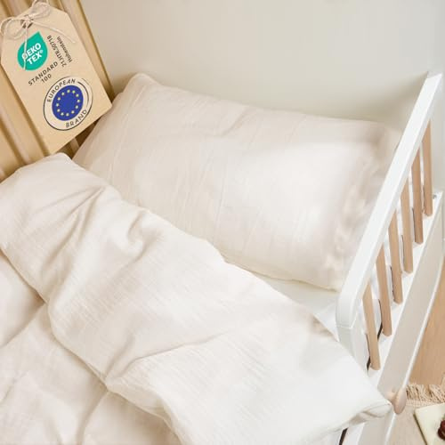 Laleni Linge de lit Enfant 100x135 cm en Coton | Mousseline Oeko-TEX certifié Linge de lit été Vert 40x60 taie d'oreiller