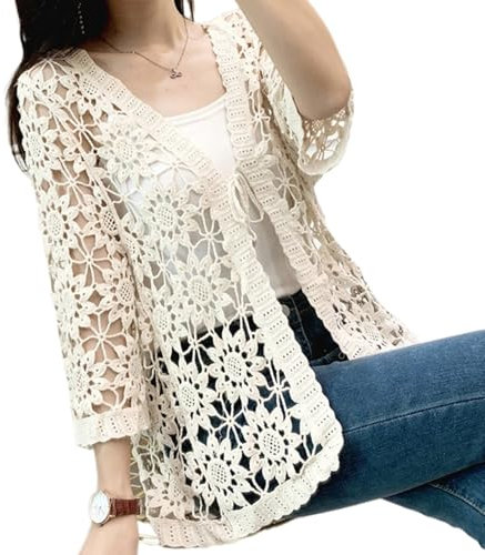 Grtheenumb Damen-Achselzucken, Hohle Spitzen-Sommer-Strickjacken mit vorderer Krawatte, offene vordere Häkelkämpfe mit Langen Ärmeln, elegant