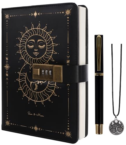 TIEFOSSI Diary with Lock, Sun & Moon Journal with Lock for Women Men, A5 Refillable Notebook with Lock for Writing, 224 Numbered Pages