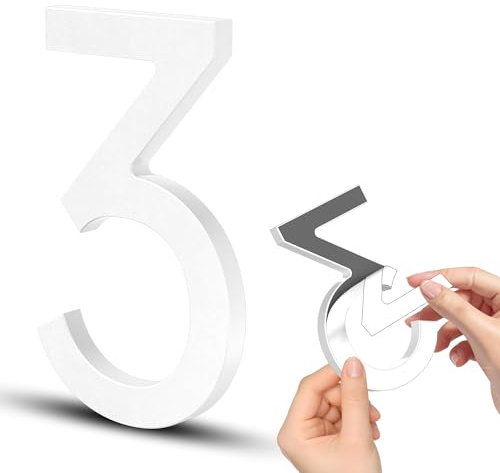 6 Inch Self-adhesive House Numbers, Modern Floating Address Numbers, Adhesive house numbers outside - Easy to Install, Weatherproof No Rust White Door Number for House Office Hotel Apartments (3)