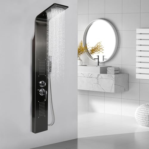 OHMG 4 IN 1 Colonne douche en acier inox multifonctionnel Panneau douche Système ​douchette à main, douche à pluie, douche de massage et douche cascade pour salle de bain