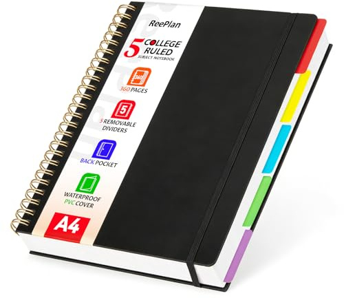 ReePlan Anteckningsbok A4-linjerad spiralbunden – 360 sidor, 100 g/m² papper, spiralanteckningsbok med 5 avdelare, A4-spiralblock inbunden som allt-i-ett-anteckningsbok för skola, kontor och studier